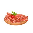 Prosciutto crudo, Italian food vector illustration. Cartoon isolated wooden board with raw dry cured ham cut into thin slices, delicatessen prosciutto on plate, gourmet appetizer dish from Italy