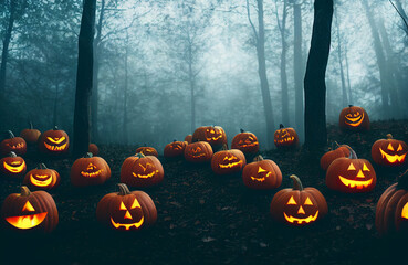 carved Halloween pumpkins glowing in dark foggy forest