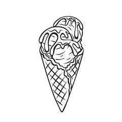 Wall Mural - Ice cream balls in waffle cone outline icon vector illustration. Hand drawn line sprinkles of caramel or syrup melt, drip and flow on frozen vanilla sundae, ice cream summer dessert for kids