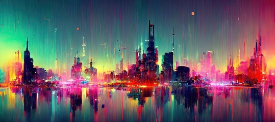 Wall Mural - modern cityscape with skyscrapers and city skyline. CG Scenery Artwork. 