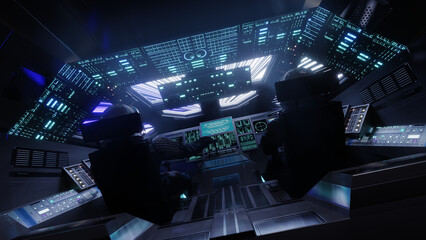 Sci fi spaceship cockpit flying through space at lightspeed
