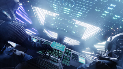 Sci fi spaceship cockpit flying through space at lightspeed