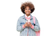 © Damir Khabirov - African american smiling female college student with afro hairstyle, trendy glasses and pink backpack holding phone, looking at camera