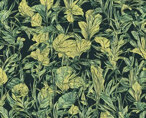 photorealistic print of exotic, elegant tropical green prints, isolated in a black background. pattern