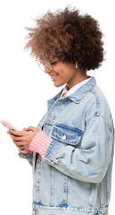 Wall Mural - Side portrait of trendy african american girl with afro hairstyle and glasses holding phone, texting to friend, using social media app