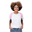 © Damir Khabirov - Portrait of smiling african school girl wearing white t-shirt, glasses and backpack, isolated