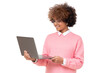 Studio portrait of online course student, smiling african american teen girl, holding laptop, isolated