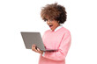 © Damir Khabirov - Studio portrait of surprised african american student teen girl, holding laptop with wow emotion, isolated