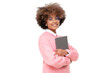 © Damir Khabirov - Fashion portrait of african american teen girl, college or online course student holding laptop