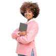 Portrait of african american teen girl, high school or online course student holding closed laptop