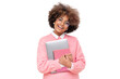 © Damir Khabirov - Laughing funny african american teen girl, online course or high school student holding laptop and pink notebook