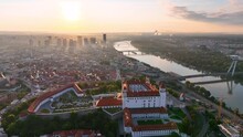 Bratislava Castle or Bratislavsky Hrad aerial panoramic view sunset. Slovakia. 4K