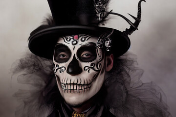 Canvas Print - Close-up portrait of a man with a skull makeup dressed in a tail-coat and a top-hat, Baron Saturday, Baron Samedi, Dia de los muertos, Day of The Dead, Halloween, v1