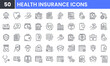 © Gofficon - Health Insurance vector line icon set. Contains linear outline icons like Hospitalization, Medical Coverage, Dental, Emergency, Healthcare, Rehabilitation, Protection. Editable use and stroke for web.