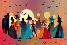 Crowd Of Tiny People Dressed In Various Halloween Costumes Isolated On Dark Background, Male And Female Cartoon Characters At Party Or Masquerade Ball, Colorful Illustration In Flat Style V1