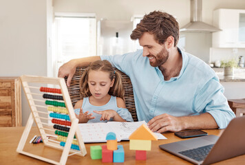 Math, school work and family learning for education together, working on knowledge and help with project at table in house. Girl and father counting on fingers with books and studying in home