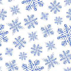 Wall Mural - Small blue ink contour linear snowflakes isolated on white background. Cute monochrome Christmas seamless pattern. Vector simple flat graphic hand drawn illustration. Texture.