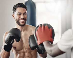 Canvas Print - Fitness boxing, happy man training workout and cardio exercise motivation goals. Healthy muay thai athlete, strong ab muscle power and young sports mma boxer smile in gym with boxing gloves