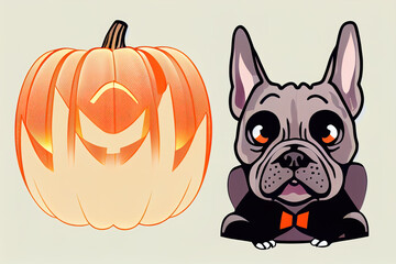 Sticker - dog french bulldog pumpkin Halloween icon logo illustration symbol cartoon ,toon style, anime style, cartoon stylev3