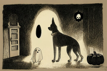 Canvas Print - dog sitting as a ghost for halloween in front of the door at home entrance with pumpkin lantern or light , scary and spooky, for a trick or treat , Hand drawn v3