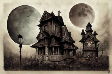 Poster - Dark halloween house with moon painting, illustration, drawing v3