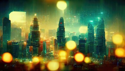Aufkleber - Photograph of the city with tall buildings against a background of yellow lantern lights. 3D illustration