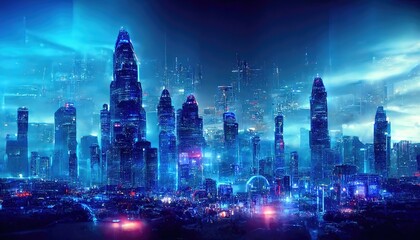 Aufkleber - A metropolis of multi-story glass business centers is steeped in blue lighting. 3D rendering