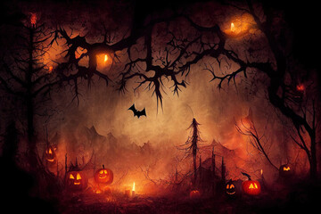 Wall Mural - Fantasy Halloween Background, Beautiful dark deep forest backdrop with smoke, fire, vampire bats, Halloween magic holiday collage Art design, mysterious Frame, Copy space for your text, Wide screen 2d