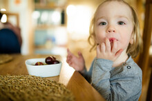 Cute Little Toddler Boy Eating Grapes At Home. Fresh Organic Frutis For Infants.