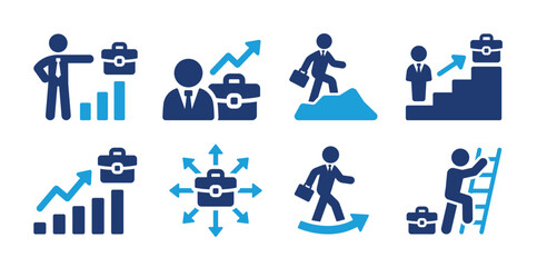 Aufkleber - Career, job and work icon set. Containing businessman with case icon. Achievement symbol vector illustration.