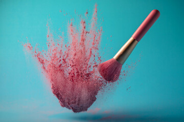 Wall Mural - Make up brushes with powder splashes isolated on pink background