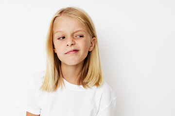 Positive little girl hand gesture fun fashion on a light background