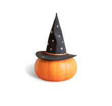 Halloween Pumpkin Isolated On White Background. Pumpkin In A Black Witch Hat With Stars.