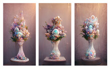 A Pastel Bouquet Of Flowers In A White Porcelain Vase Stands Painting In The Art Style. 3d Digital Art Drawing