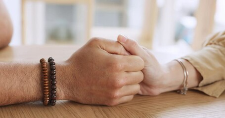 Poster - Couple, battle and hand game with man and woman playing thumb war on table, loving and holding hands. Fun, relax and stress free lovers bonding and enjoying being playful, sweet romance in their home