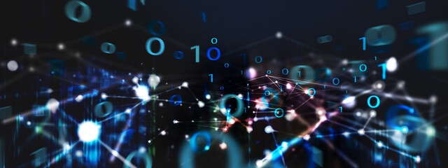 Abstract technology background, Hi-speed internet, big data. line and dot connection, digital technology, futuristic tech cyberspace with binary computer code on virtual global network