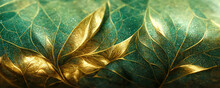 Spectacular Realistic Detailed Veins And Half Green And Gold Abstract Close-up, Leaf Covered With Gold Dust. Digital 3D Illustration. Macro Artwork.