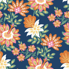 Seamless Pattern With Flowers Vintage Plant And Ornament Traditional Baroque Floral On Blue Background