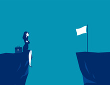 Businesswoman Thinks How To Reach The Finish Flag On The Edge Of The Cliff. Business Accessibility Vector Illustration
