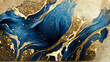 Spectacular high-quality abstract background of a whirlpool of dark blue and gold. Digital art 3D illustration. Mable with liquid texture like turbulent waves.