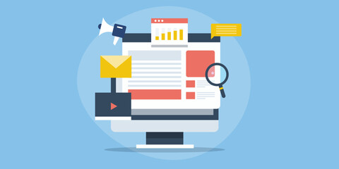 Illustration concept of digital marketing communication strategy. Website with data analytics, video and email.