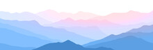 Sunrise In The Mountains, Mountain Ranges In The Morning Haze, Panoramic View, Vector Illustration