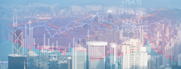 Wall Mural - Double exposure Financial graphs and diagrams. Business, economics and investment concept on modern city background