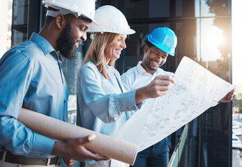 Poster - Architecture, construction building with an architect, engineer and designer working as a team and reading a blueprint. Teamwork, collaboration and development with a group of creative staff