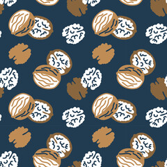 Wall Mural - Seamless pattern with walnuts on a background of leaves. Walnut harvest. Illustration in a flat, contour, cartoon style. Design element for product packaging with walnuts and printing on textiles.