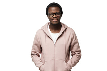 Wall Mural - Horizontal shot of young positive handsome African male pictured standing in calm relaxed posture in pink hoodie
