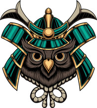 Vector Illustration Of Owl Wearing Samurai Helmet With Japanese Style Drawing