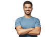 Smiling handsome man in blue t-shirt standing with crossed arms isolated