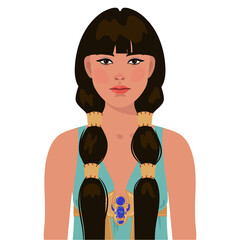 egyptian girl with long hair in a tunic with a scarab brooch. illustration isolated on a white background.