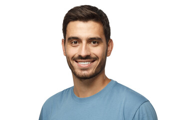 Wall Mural - Headshot of young handsome european caucasian man wearing casual blue t-shirt, smiling happily
